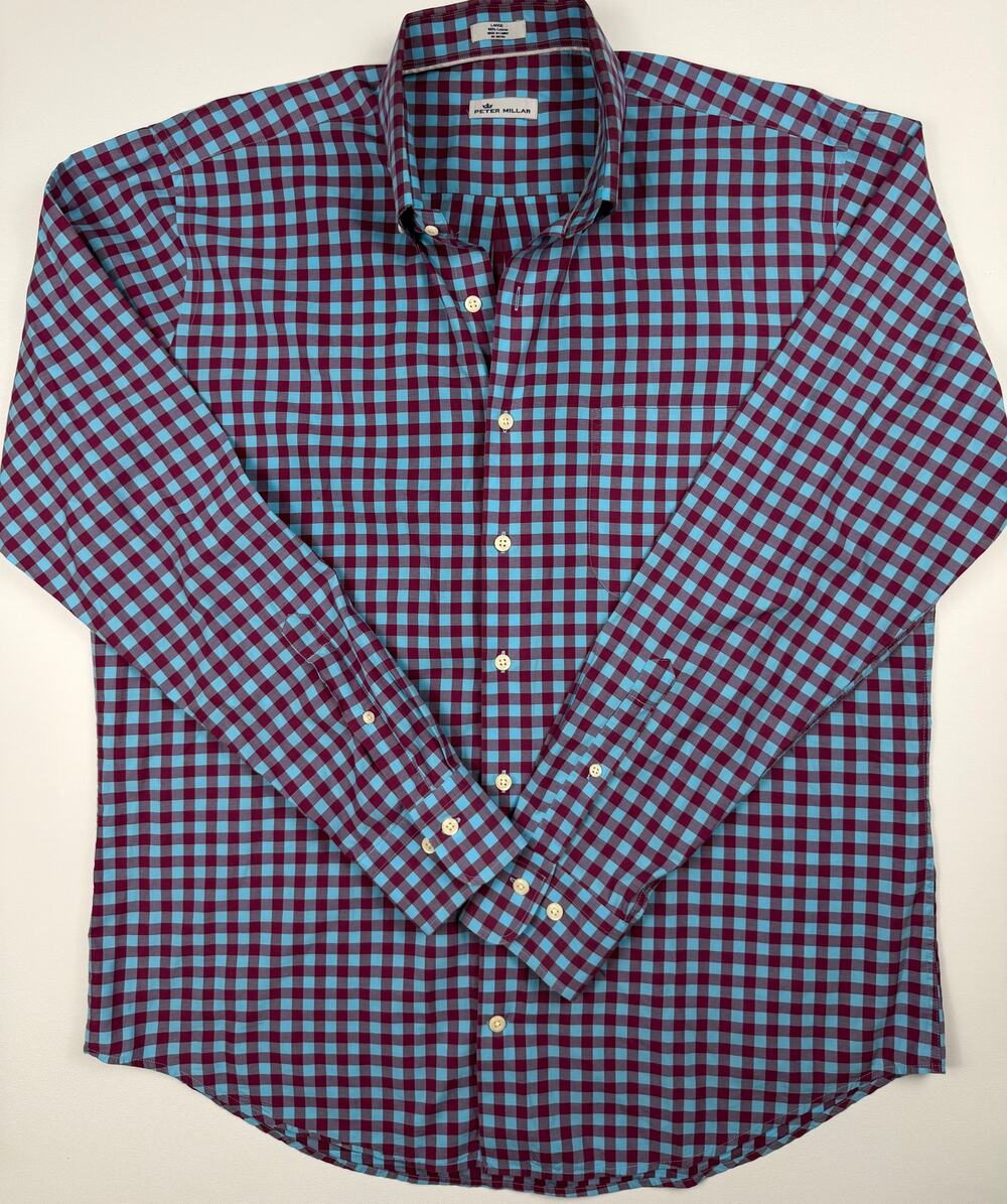 Peter Millar Mens L Aqua Burgundy Gray Check Cotton Long Sleeve Shirt